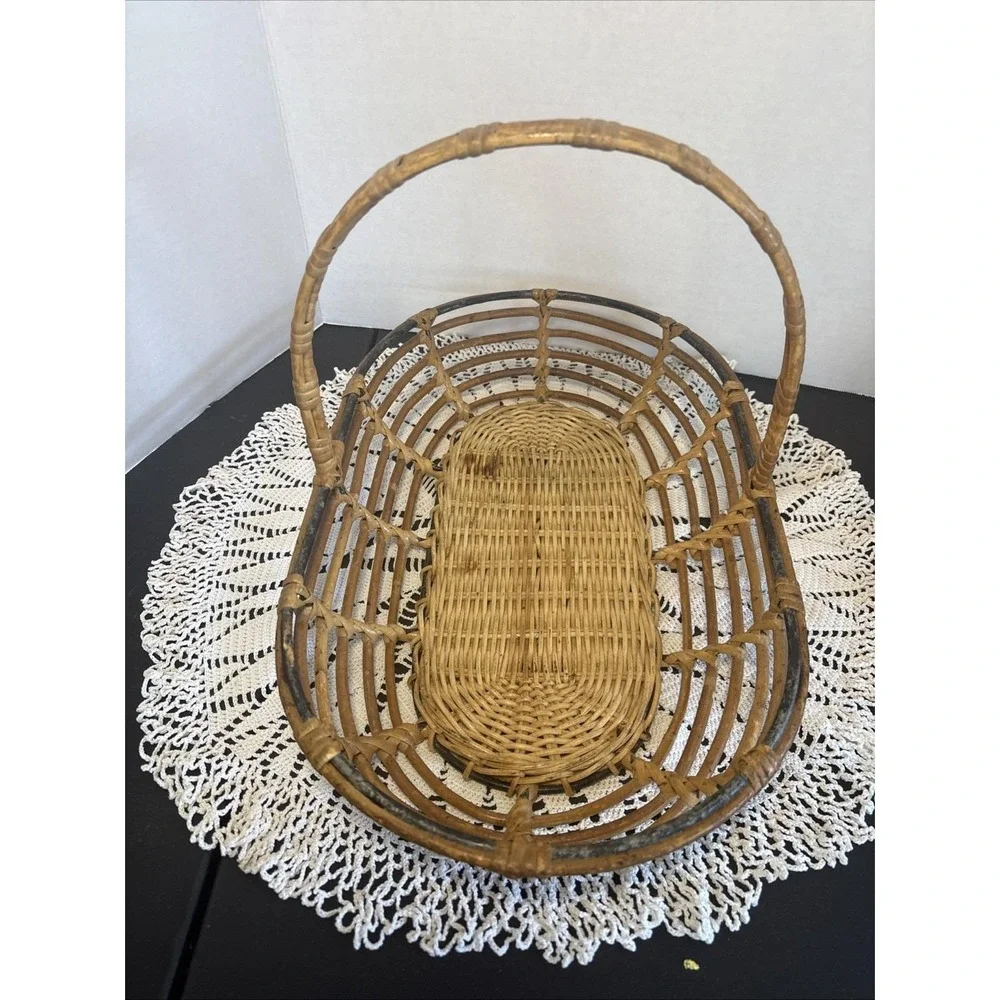 VTG Bentwood Bamboo Reed Gathering Basket Wicker Garden Trug Rattan BOHO Decor